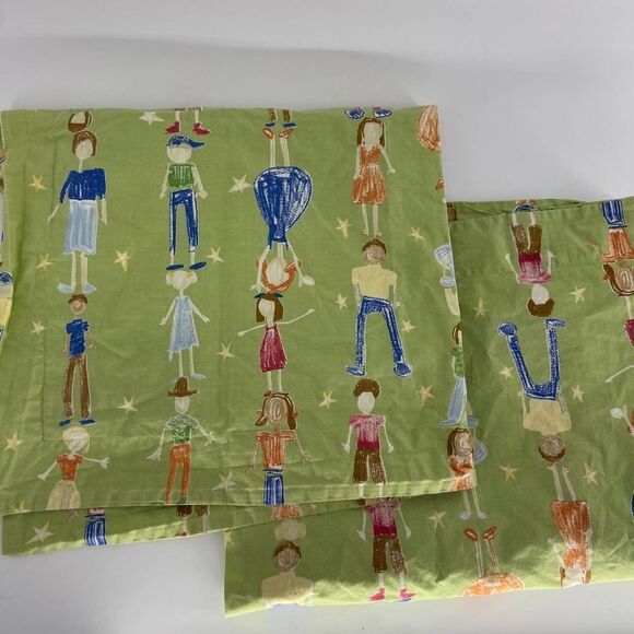Pottery Barn Kids Drawing People green cotton Two Pillow Shams - Picture 1 of 6